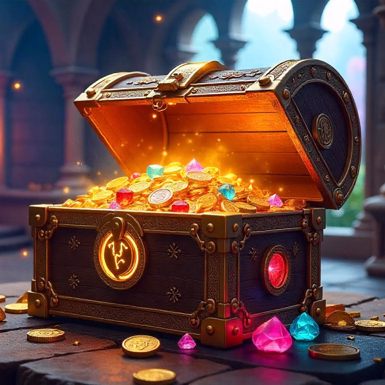 A treasure chest with a golf ball and club, representing Winrolla's sports betting and bonus rewards